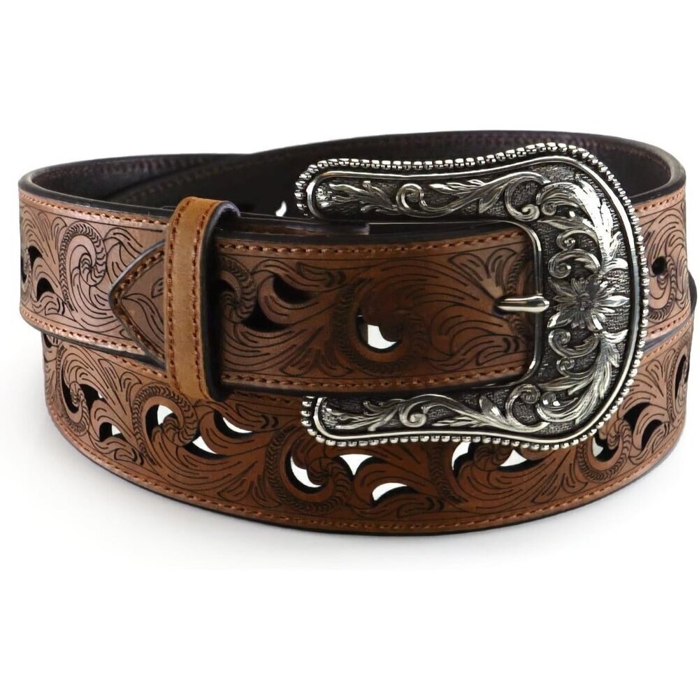Women's Brown Leather Belt with Scroll Cutouts and Interchangeable Buckle